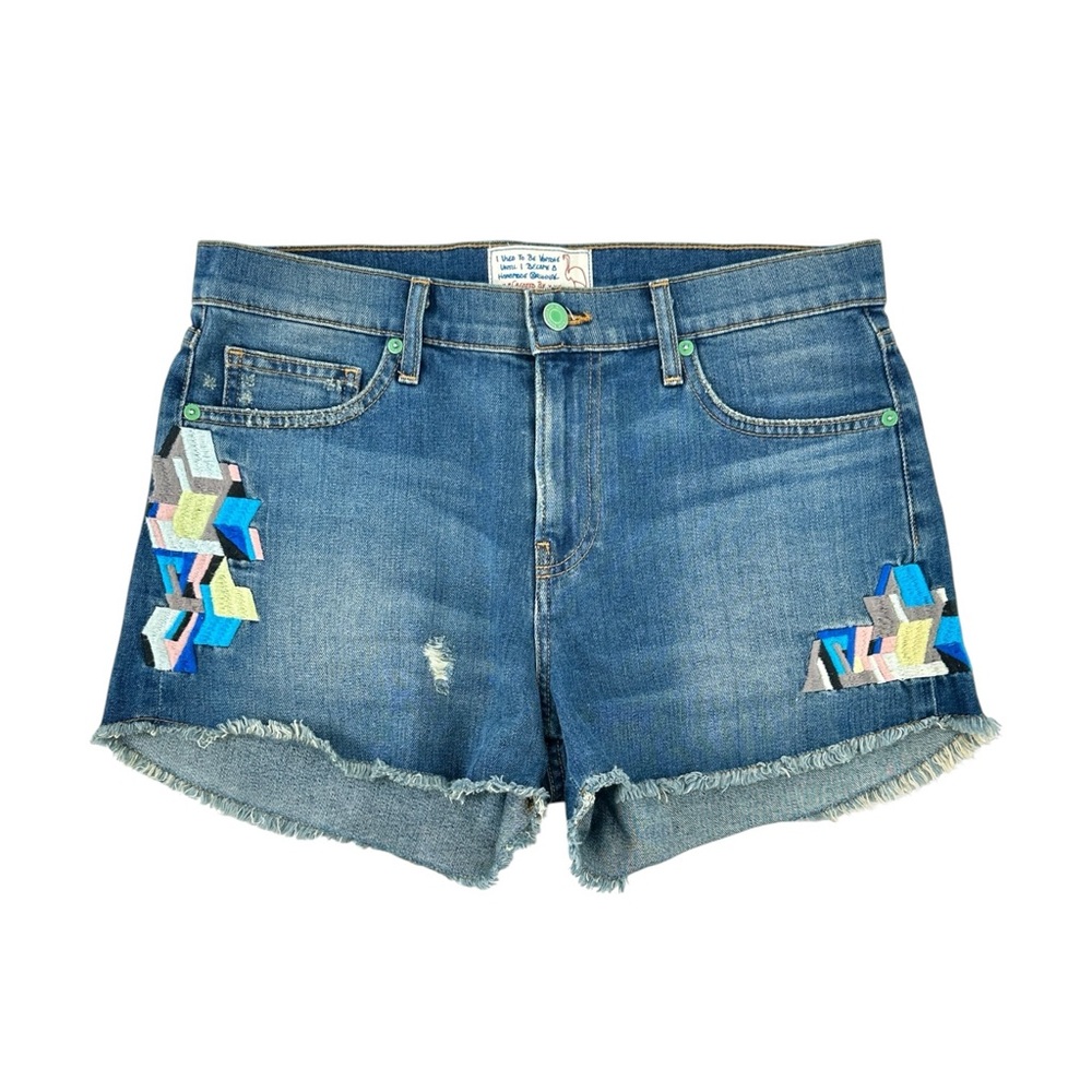 Sandrine Rose Upcycled Vintage Embroidered Mid Dark Wash Blue Denim Jean Shorts